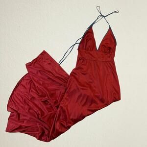 Vintage 70s red halter maxi slip dress, semi sheer, lingerie nightgown